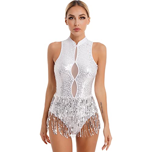 Runhomal Damen Pailletten Bodysuit Ballett Trikot Body mit Fransen Gymnastik Leotard Tanzbody Rückenfrei Spaghettiträger Top Gymnastikanzug Turnanzug B Weiß M von Runhomal