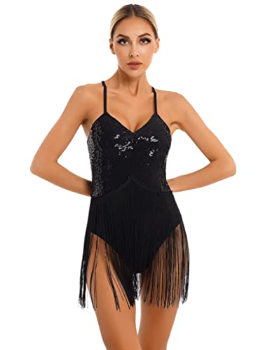 Runhomal Damen Pailletten Bodysuit Ballett Trikot Body mit Fransen Gymnastik Leotard Tanzbody Rückenfrei Spaghettiträger Top Gymnastikanzug Turnanzug C Schwarz S von Runhomal