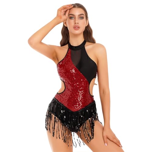 Runhomal Damen Pailletten Bodysuit Ballett Trikot Body mit Fransen Gymnastik Leotard Tanzbody Rückenfrei Spaghettiträger Top Gymnastikanzug Turnanzug D Burgundy M von Runhomal