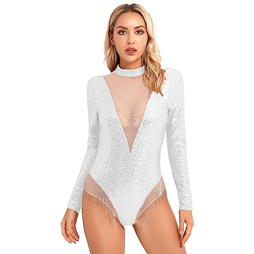 Runhomal Damen Pailletten Bodysuit Ballett Trikot Body mit Fransen Gymnastik Leotard Tanzbody Rückenfrei Spaghettiträger Top Gymnastikanzug Turnanzug G Silber M von Runhomal