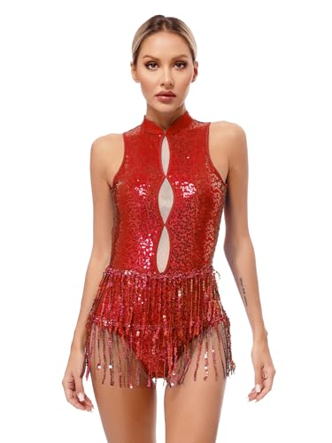 Runhomal Damen Pailletten Bodysuit Ballett Trikot Body mit Fransen Gymnastik Leotard Tanzbody Rückenfrei Spaghettiträger Top Gymnastikanzug Turnanzug Rot A M von Runhomal