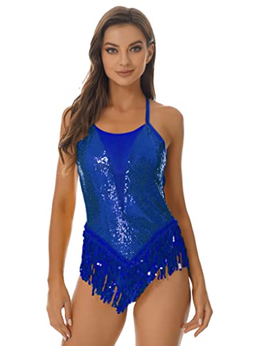 Runhomal Damen Pailletten Bodysuit Ballett Trikot Body mit Fransen Gymnastik Leotard Tanzbody Rückenfrei Spaghettiträger Top Gymnastikanzug Turnanzug Royal_Blau M von Runhomal