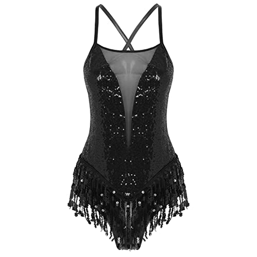 Runhomal Damen Pailletten Bodysuit Ballett Trikot Body mit Fransen Gymnastik Leotard Tanzbody Rückenfrei Spaghettiträger Top Gymnastikanzug Turnanzug Schwarz M von Runhomal