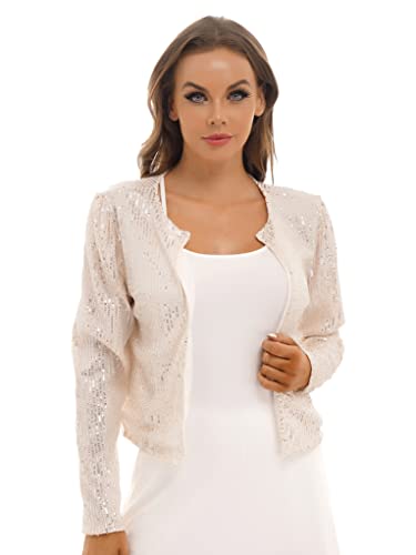 Runhomal Damen Pailletten Cardigan Jacke Langarmjacke Glitzer Strickjacke Bolero Abendjacke Bluse Eleganter Blazer Kurz Oberteile für Cocktail Clubwear Champagne XL von Runhomal