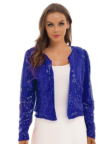 Runhomal Damen Pailletten Cardigan Jacke Langarmjacke Glitzer Strickjacke Bolero Abendjacke Bluse Eleganter Blazer Kurz Oberteile für Cocktail Clubwear Dunkelblau M von Runhomal