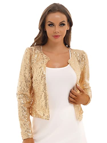 Runhomal Damen Pailletten Cardigan Jacke Langarmjacke Glitzer Strickjacke Bolero Abendjacke Bluse Eleganter Blazer Kurz Oberteile für Cocktail Clubwear Gold 3XL von Runhomal