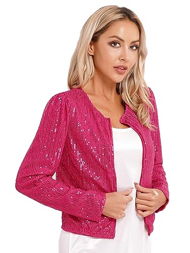 Runhomal Damen Pailletten Cardigan Jacke Langarmjacke Glitzer Strickjacke Bolero Abendjacke Bluse Eleganter Blazer Kurz Oberteile für Cocktail Clubwear Hot Pink 3XL von Runhomal