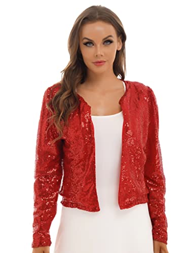 Runhomal Damen Pailletten Cardigan Jacke Langarmjacke Glitzer Strickjacke Bolero Abendjacke Bluse Eleganter Blazer Kurz Oberteile für Cocktail Clubwear Rot XXL von Runhomal