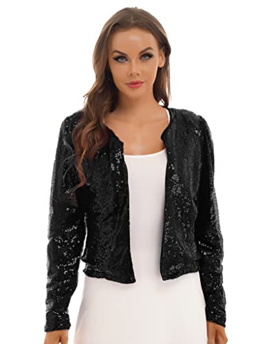 Runhomal Damen Pailletten Cardigan Jacke Langarmjacke Glitzer Strickjacke Bolero Abendjacke Bluse Eleganter Blazer Kurz Oberteile für Cocktail Clubwear Schwarz L von Runhomal