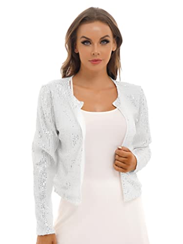 Runhomal Damen Pailletten Cardigan Jacke Langarmjacke Glitzer Strickjacke Bolero Abendjacke Bluse Eleganter Blazer Kurz Oberteile für Cocktail Clubwear Silber M von Runhomal