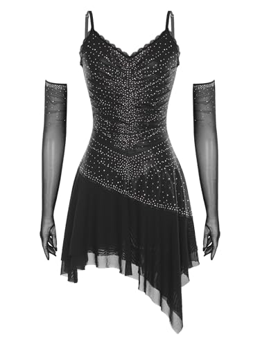Runhomal Damen Pailletten Eiskunstlauf Kleid Spaghettiträger Kürkleid Rollkunstlaufkleid Latin Tanzanzug Wettbewerb Tanzkostüm Mit Handschuhe Schwarz M von Runhomal