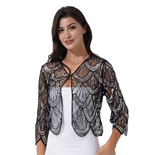 Runhomal Damen Pailletten Strickjacke Bolero Festlich Langarm Bolerojacke Achselzucken Leicht Transparent Offene Blazer Cardigan Elegant Shrug Top Schulterjacke Silber One Size von Runhomal