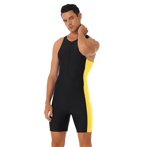 Runhomal Herren Badeanzug Neoprenanzug Ärmellos Taucheranzug Neopren Shorty Schwimmoverall mit Reißverschluss Strand Bademode für Surfen Schnorcheln Schwarz&Gelb XXL von Runhomal
