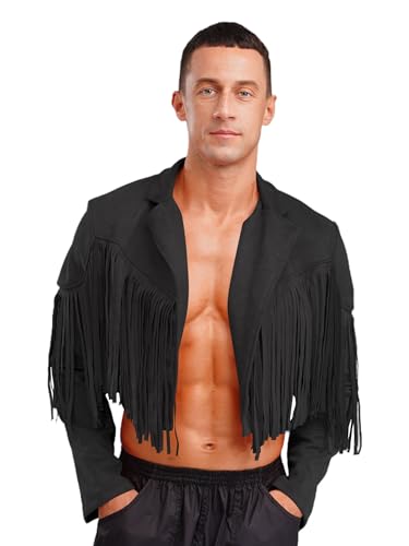 Runhomal Herren Crop Jacke Mit Fransen Faux Wildleder Oberteil Top Vorne Offen Hippie Wildwest Outfit Fasching Karneval Kostüm Schwarz L von Runhomal