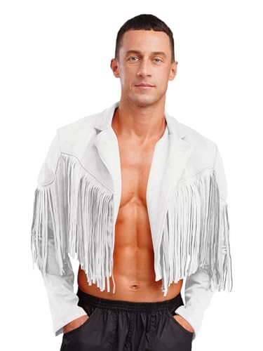 Runhomal Herren Crop Jacke Mit Fransen Faux Wildleder Oberteil Top Vorne Offen Hippie Wildwest Outfit Fasching Karneval Kostüm Weiß L von Runhomal