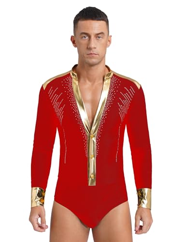 Runhomal Herren Glitzer Tanz-Body Bodysuit V-Ausschnitt Gymnastikbody Ballsaal Samba Latein Body mit Mesh Langarm Performance Tanzkostüm Rot M von Runhomal
