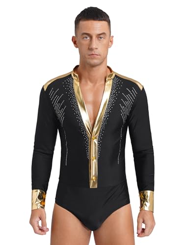 Runhomal Herren Glitzer Tanz-Body Bodysuit V-Ausschnitt Gymnastikbody Ballsaal Samba Latein Body mit Mesh Langarm Performance Tanzkostüm Schwarz L von Runhomal