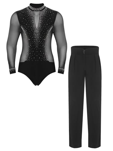 Runhomal Herren Glitzer Tanz-Body V-Ausschnitt Gymnastikbody Ballsaal Samba Latein Body mit Lateinische Hose Jazz Performance Tanzkostüm Schwarz B M von Runhomal