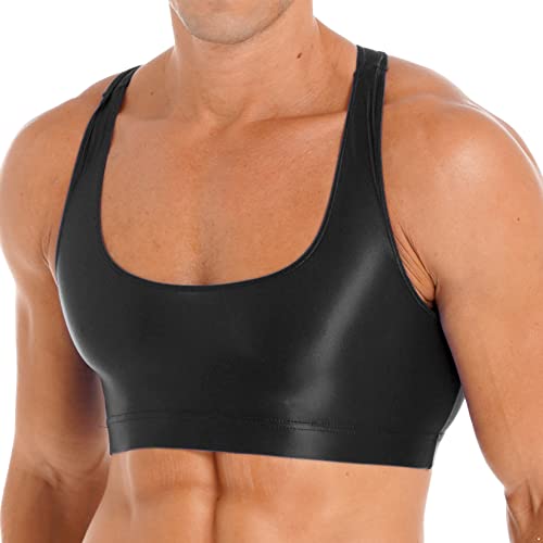 Runhomal Herren Glossy Tanktop Bauchfrei Yoga Sport BH Ärmellos Crop Top Unterhemd Glänzende Funktionsshirt Kompressionsshirt Muskelshirt Yoga Fitness Shirts Schwarz XL von Runhomal