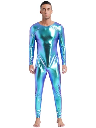 Runhomal Herren Metallic Ganzkörper Jumpsuit Langarm Overalls Bodysuit Rundhals Tanzkleidung Trikot Leotard Männerbody Athletic Nachtwäsche Blau XL von Runhomal
