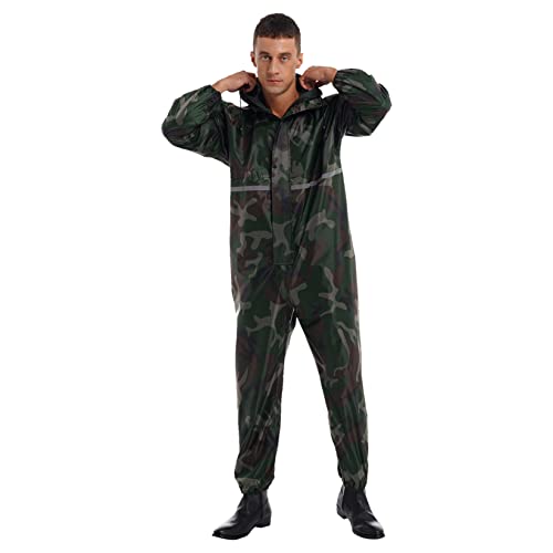 Runhomal Herren Regenanzug Wasserdichte Jumpsuit Langarm Regenoverall Regenkombi Reflektierende Regenmantel Overall mit Kapuze Reißverschluss Raincoat Camouflage 4XL von Runhomal