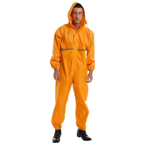 Runhomal Herren Regenanzug Wasserdichte Jumpsuit Langarm Regenoverall Regenkombi Reflektierende Regenmantel Overall mit Kapuze Reißverschluss Raincoat Gelb 4XL von Runhomal