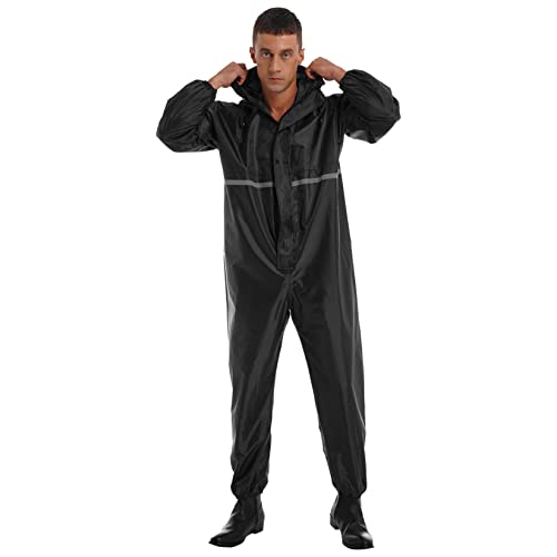 Runhomal Herren Regenanzug Wasserdichte Jumpsuit Langarm Regenoverall Regenkombi Reflektierende Regenmantel Overall mit Kapuze Reißverschluss Raincoat Schwarz L von Runhomal