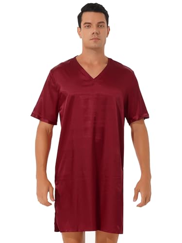 Runhomal Herren Satin Nachthemd V-Ausschnitt Kurzarm Schlafanzug Pyjama Seiten Split Nachtkleid Schlafanzug Sommer Nachtwäsche Sleepwear Burgundy XXL von Runhomal