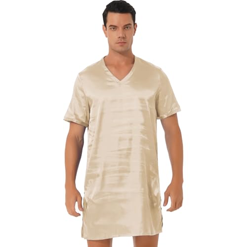 Runhomal Herren Satin Nachthemd V-Ausschnitt Kurzarm Schlafanzug Pyjama Seiten Split Nachtkleid Schlafanzug Sommer Nachtwäsche Sleepwear Helle Aprikose 3XL von Runhomal