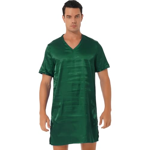Runhomal Herren Satin Nachthemd V-Ausschnitt Kurzarm Schlafanzug Pyjama Seiten Split Nachtkleid Schlafanzug Sommer Nachtwäsche Sleepwear Dunkelgrün 3XL von Runhomal