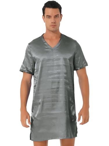 Runhomal Herren Satin Nachthemd V-Ausschnitt Kurzarm Schlafanzug Pyjama Seiten Split Nachtkleid Schlafanzug Sommer Nachtwäsche Sleepwear Grau 4XL von Runhomal