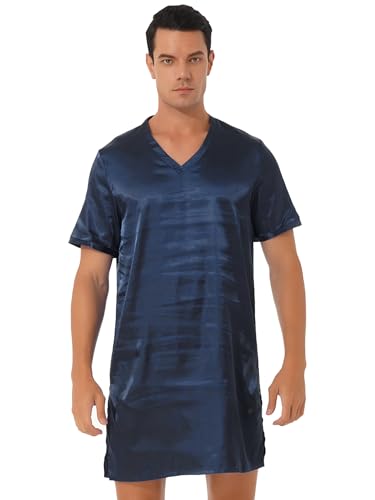 Runhomal Herren Satin Nachthemd V-Ausschnitt Kurzarm Schlafanzug Pyjama Seiten Split Nachtkleid Schlafanzug Sommer Nachtwäsche Sleepwear Navy blau L von Runhomal