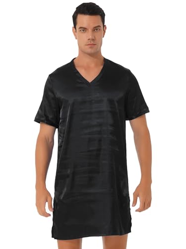 Runhomal Herren Satin Nachthemd V-Ausschnitt Kurzarm Schlafanzug Pyjama Seiten Split Nachtkleid Schlafanzug Sommer Nachtwäsche Sleepwear Schwarz XXL von Runhomal