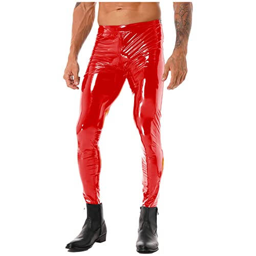Runhomal Herren Wetlook Hose Leder Leggings Reißverschluss Skinny Pants Lederhose Stretch Enge Bleistift Hose Clubwear Bühnenshow Kostüm Rot 4XL von Runhomal