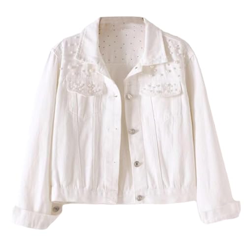 Runhomal Jeansjacken für Damen Vintage Denim Jacke Langarm Übergangsjacke Mit Perlen Jeansmantel Outwear Streetwear Weiß S von Runhomal
