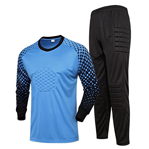 Runhomal Jungen Torwarttrikot Zweiteilige Fußball-Torwart-Outfit Gepolsterte T-Shirt Trainingsshirt Fußballtrikot Drawstring Hose Torwart Uniform C Blau 146-152 von Runhomal