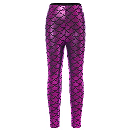 Runhomal Kinder Fischschuppen Leggings Mädchen Meerjungfrau Hosen Strumpfhose Glänzend Tanzhose Jogginghose Sporthose Yogahose Hot Rosa 110-116 von Runhomal