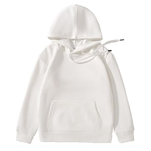 Runhomal Unisex Kinder Kapuzenpullover Hooded Kordelzug Langarm Kapuzenshirt Sweatshirt mit Kapuze Tasche Einfarbige Langarmshirt Pullover Top D Weiß 158-164 von Runhomal