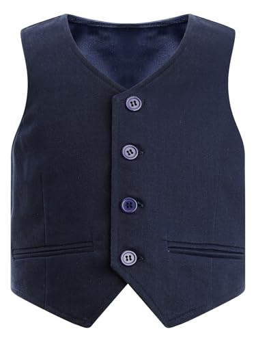 Runhomal Kinder Jungen Weste Gentelman Anzugweste Klassisch Knöpfen Waistcoat Festlich Smokingweste für Hochzeit Party Geburtstag Dunkelblau 110-116 von Runhomal