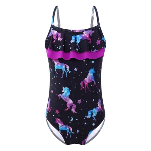 Runhomal Kinder Mädchen Einteiliger Badeanzug bunter Fischschuppen-Muster Bademode Schwimmoverall Rüschen Träger Bodysuit Schwimmanzug Badebekleidung D_Schwarzes Pferd 134-140 von Runhomal