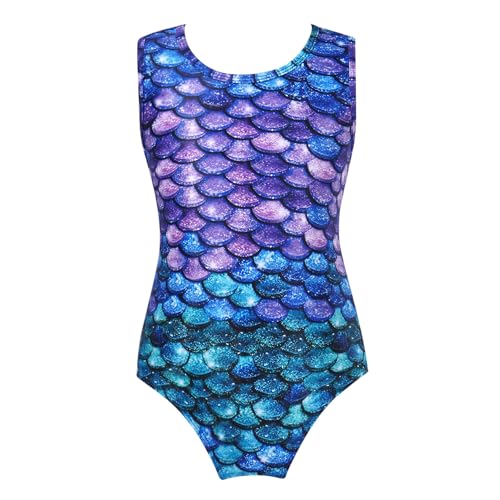 Runhomal Kinder Mädchen Einteiliger Badeanzug bunter Fischschuppen-Muster Bademode Schwimmoverall Rüschen Träger Bodysuit Schwimmanzug Badebekleidung L_Bunte Fischschuppen 122-128e von Runhomal