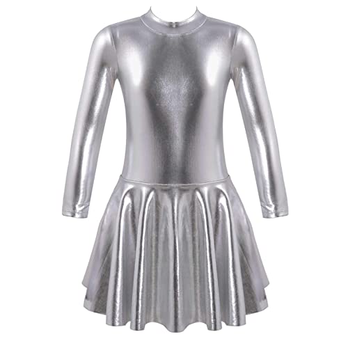 Runhomal Kinder Mädchen Eiskunstlauf-Kleid Metallic Langarm Skating Tanzkleid Langarm Ballettkleid Ballettkleidung Gymnastik Leotard Ballett Trikot Ballettanzug Dacewear Silber 122-128 von Runhomal