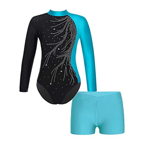 Runhomal Kinder Mädchen Metallic Gymnastikanzug Turnanzug Langarm Trikot Body mit Shorts Set Ballettbody Gymnastik Leotards Sportbody für Tanz Gym Workout I Blau 122-128 von Runhomal