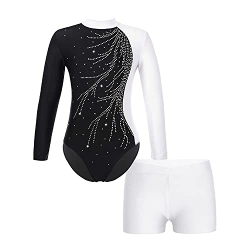 Runhomal Kinder Mädchen Metallic Gymnastikanzug Turnanzug Langarm Trikot Body mit Shorts Set Ballettbody Gymnastik Leotards Sportbody für Tanz Gym Workout I Weiß 122-128 von Runhomal