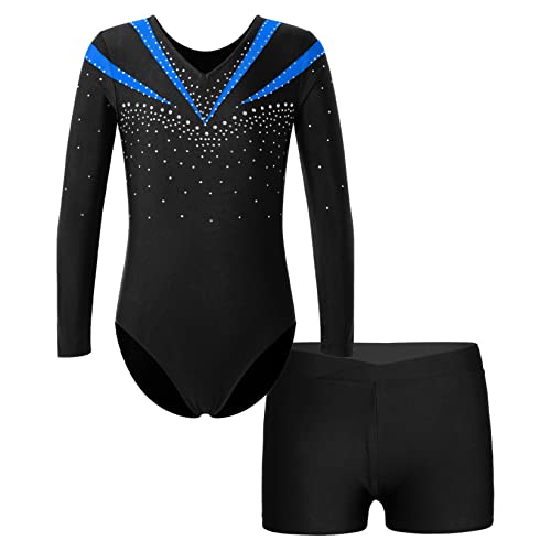 Runhomal Kinder Mädchen Metallic Gymnastikanzug Turnanzug Langarm Trikot Body mit Shorts Set Ballettbody Gymnastik Leotards Sportbody für Tanz Gym Workout L Blau 158-164 von Runhomal