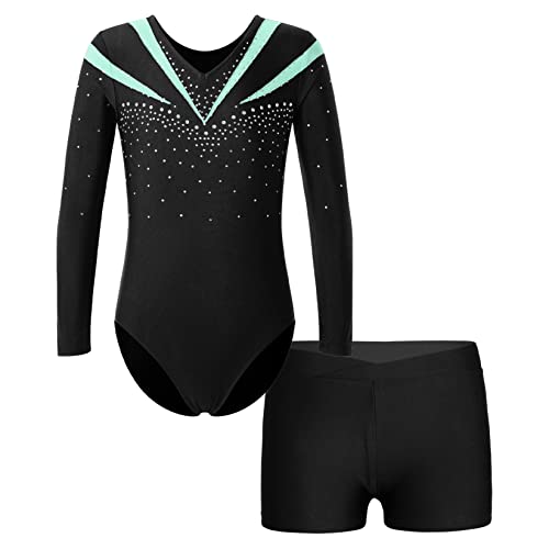 Runhomal Kinder Mädchen Metallic Gymnastikanzug Turnanzug Langarm Trikot Body mit Shorts Set Ballettbody Gymnastik Leotards Sportbody für Tanz Gym Workout L Grün 134-140 von Runhomal