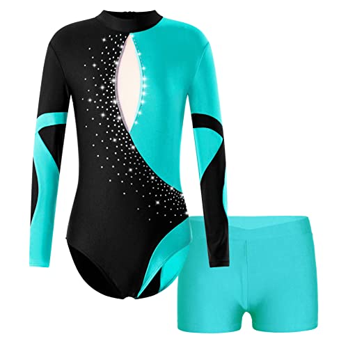 Runhomal Kinder Mädchen Metallic Gymnastikanzug Turnanzug Langarm Trikot Body mit Shorts Set Ballettbody Gymnastik Leotards Sportbody für Tanz Gym Workout N Grün 146-152 von Runhomal