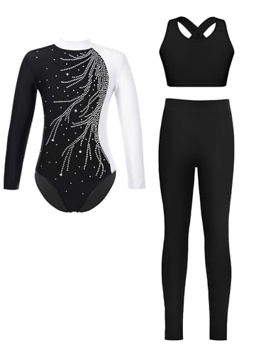 Runhomal Kinder Mädchen Turnanzug Gymnastikanzug Langarm Ballett Trikot Mit Hose West Turn Trikot Leggings Set 3er Sport Yoga Tanzkleidung Weiß 134-140 von Runhomal
