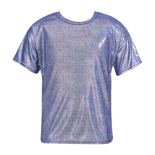 Runhomal Kinder Metallic T-Shirt Glänzend Kurzarm Crop Top Sommer Jazz Hip Hop Tanztop Mädchen & Jungen Performance Oberteile Tanzkleidung Royal Blau 158-164 von Runhomal