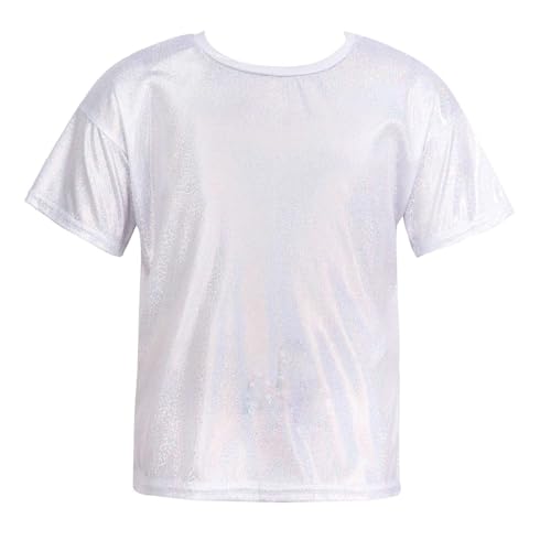 Runhomal Kinder Metallic T-Shirt Glänzend Kurzarm Crop Top Sommer Jazz Hip Hop Tanztop Mädchen & Jungen Performance Oberteile Tanzkleidung Silber 146-152 von Runhomal